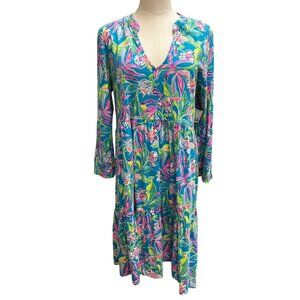 Lilly Pulitzer Alaina Formentera Turquoise Blue 100% Cotton Floral Dress Sz Med